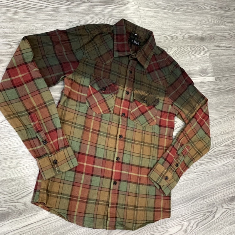 Áo sơ mi kiểu nam nữ Amiri dài tay kẻ đỏ xanh/ nâu nhúng pha màu đen nhạt chất cotton dày dặn cao cấp SM26P