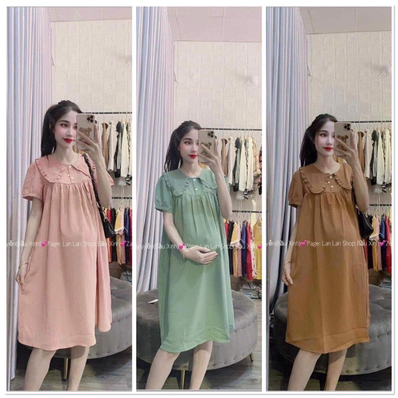 Đầm váy bầu FREESIZE dáng suông chất đũi mềm mát, thiết kế cổ sen xinh xắn, phù hợp cho mẹ mặc đi làm, đi dạo, đi chơi
