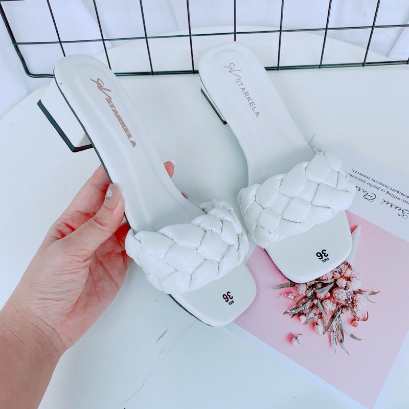 Guốc nữ gót vuông 3cm quai ngang đan thời trang Luhana. Ms: GUỐC NAN HOA