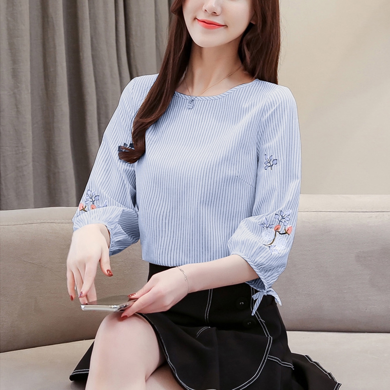 Áo Nữ ZANZEA Tay Dài Kẻ Sọc Thêu Hoa Thời Trang