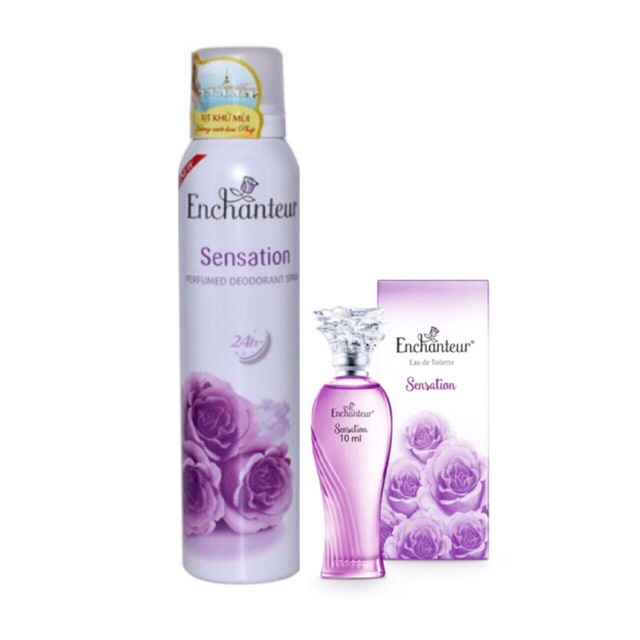 Enchanteur: Combo xịt khử mùi hương nước hoa Sensation 150ml +Nước hoa mini Sensation 10ml