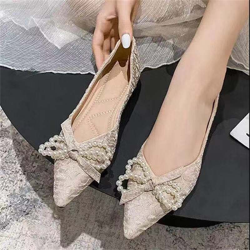 Jiashucheng Xiaoxiang Giày Búp Bê Mũi Nhọn Đế Bằng Thắt Nơ Phong Cách Hàn Quốc Hàng Mới
