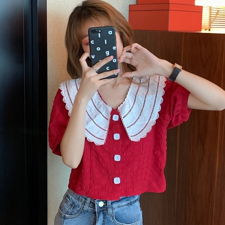 Áo Kiểu Tay Phồng Ngắn Cổ Peter Pan Phối Ren Phong Cách Retro Pháp Thời Trang Mùa Hè Cho Nữ