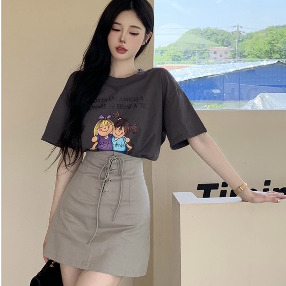 Set Áo Thun Ngắn Tay Cổ Tròn In Họa Tiết Và Chân Váy Lưng Cao Thời Trang Mùa Hè Phong Cách Hàn Quốc Cho Nữ