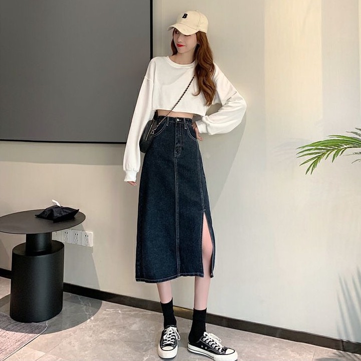 Chân Váy Jeans Dáng Dài Cạp Cao Xẻ Tà, Chân Váy Nữ Kaki Bò Phong Cách Ulzzang V03 | BigBuy360 - bigbuy360.vn