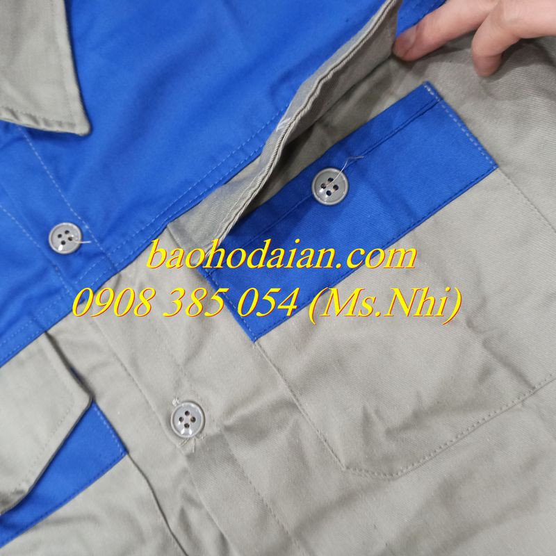 Quần áo bảo hộ lao động màu ghi đất phối xanh vải kaki thấm hút mồ hôi M13- Hình thật