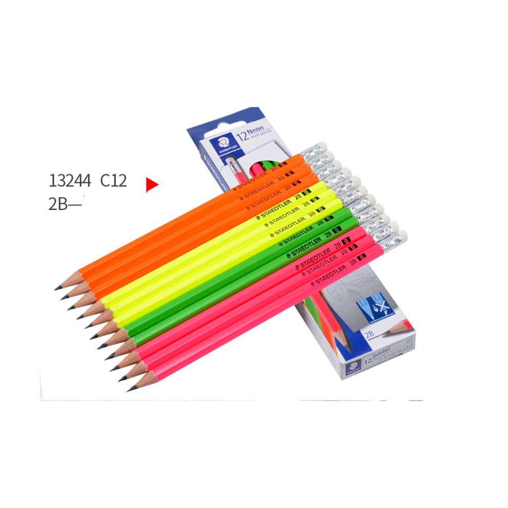 Hộp 12 chiếc bút chì Đức Staedtler 2B - Thân nhiều màu Neon có tẩy (Gồm 4 màu Vàng, Cam,Xanh,Hồng)