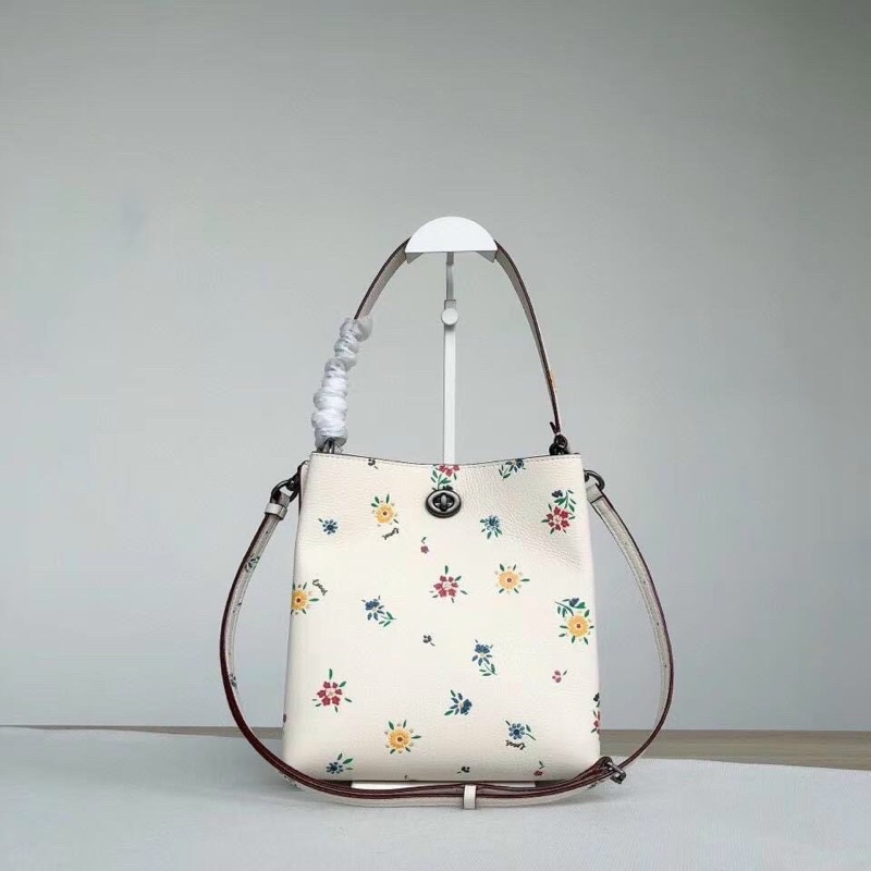 Sale Túi xách nữ da thật Coach bucket hoa phun nổi sang và cầu kỳ size vừa