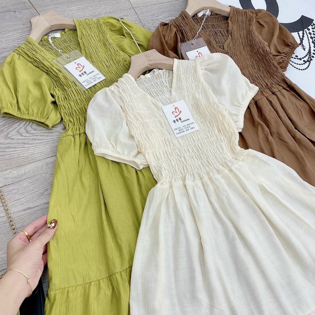 Váy maxi cổ V tay bồng chun lưng dáng xoè