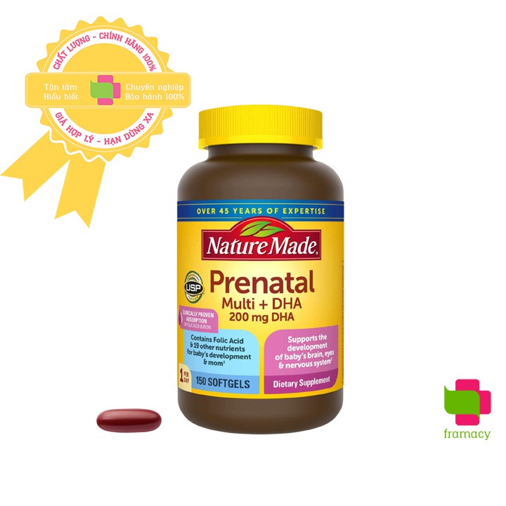 Vitamin tổng hợp bầu Nature Made Prenatal Multi + DHA, Mỹ (150v) bổ sung dinh dưỡng, DHA cho mẹ bầu và sau sinh thumbnail