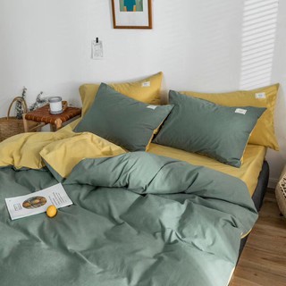 Bộ Chăn Ga Gối Cotton Tici Màu Xanh Lam Phối Vàng