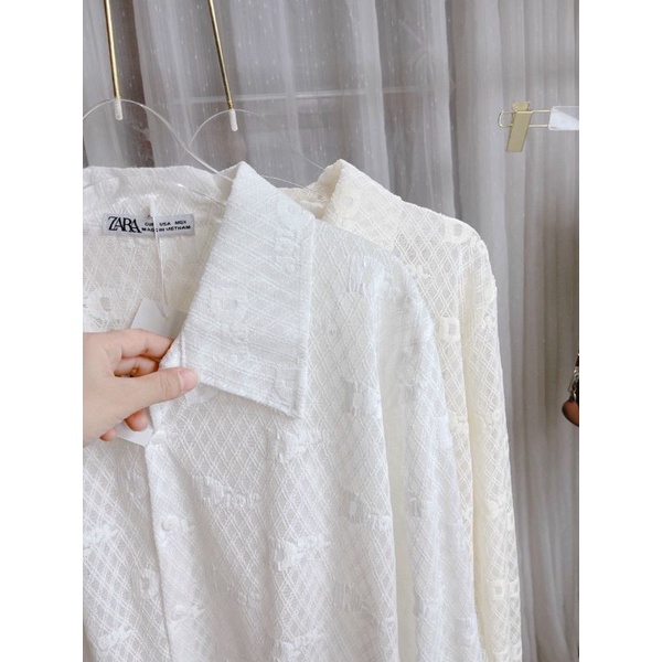 Áo Sơmi dài tay ren Di or mềm mịn 2 màu Trắng Be da