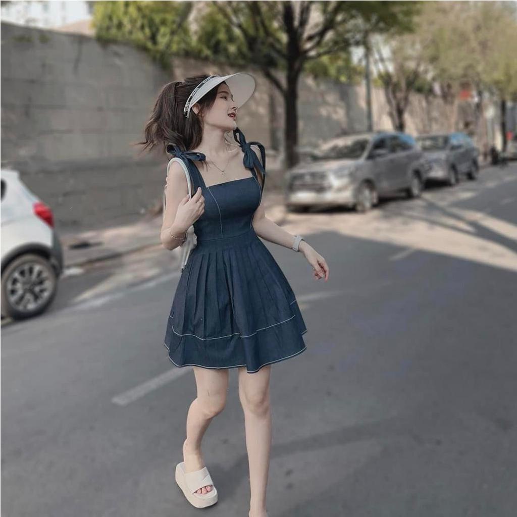 Đầm váy nữ 2 dây jeans xếp ly xòe xinh xắn dành cho các nàng diện đi chơi, dự tiệc siêu xinh