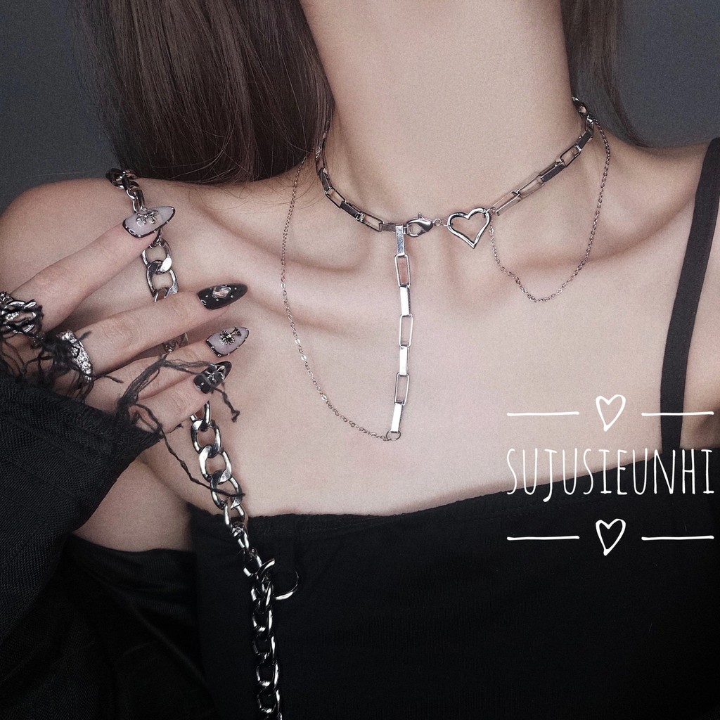 Vòng cổ choker dây đôi xích dài phối hình trái tim nữ tính