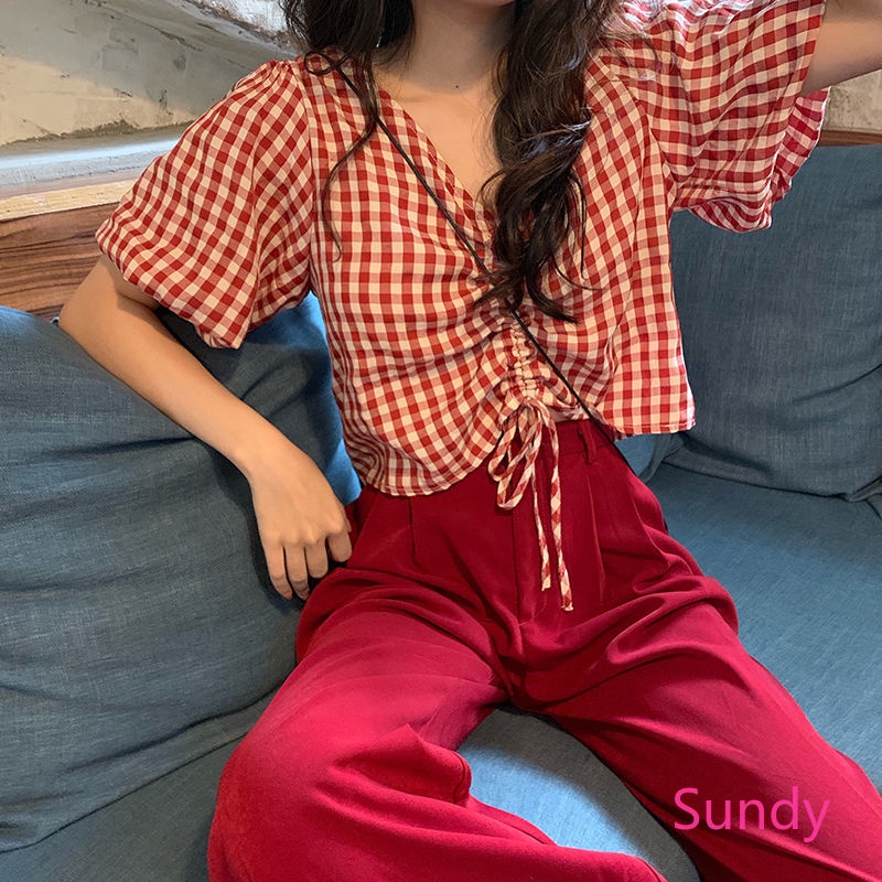 Áo Croptop Cổ Chữ V Kẻ Sọc Caro Phối Dây Rút Phong Cách Hàn Quốc Cho Nữ