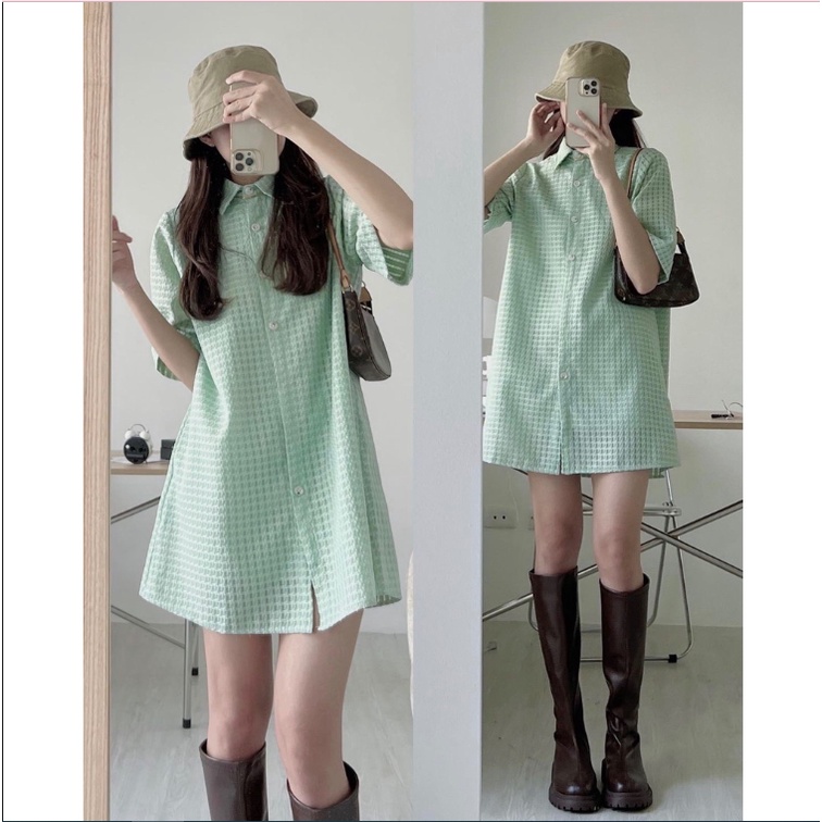 Đầm suông sơ mi chất xốp ô vuông 2 màu xanh trắng