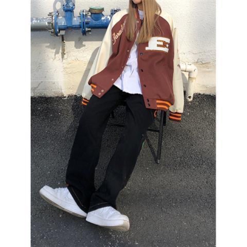 Áo bomber jacket varsity nam nữ màu nâu cafe mới phong cách Hàn Quốc 2021