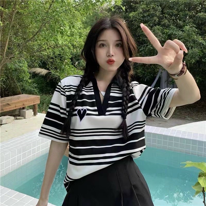 Váy, áo len mongtoghi polo tim thêu kẻ ngang dáng suông V052