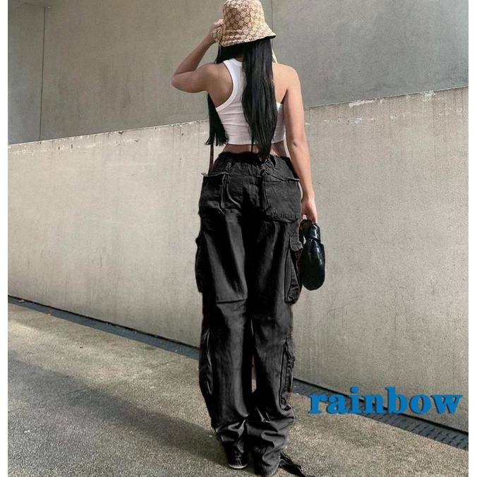 Quần Dài Phối Túi Y2K Dáng Rộng Lưng Cao Phối Khóa Kéo Phong Cách Harajuku Đường Phố Cá Tính Cho Nữ