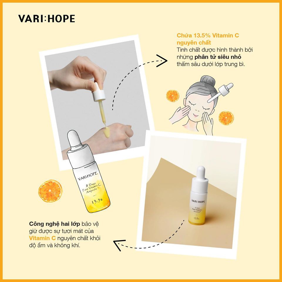 Tinh Chất Varihope 8 Day Pure Vitamin C Ampoule Plus Vari:hope Dưỡng Trắng Da Sau 8 Ngày 15g - Vàng