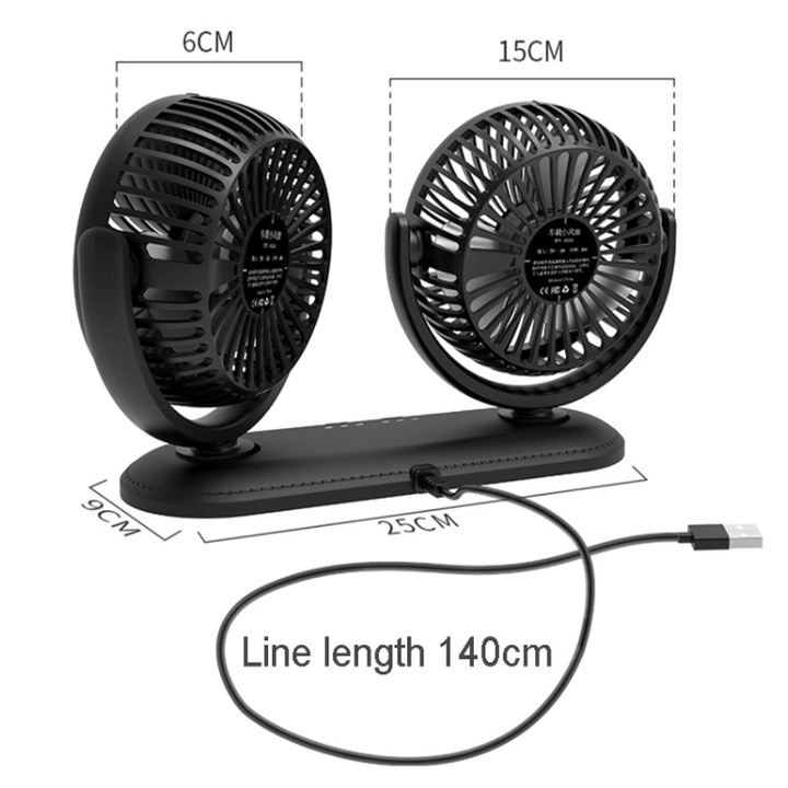 Quạt đôi xoay 360 độ, sử dùng trên ô tô, bàn làm việc, công suất 12W, 5V/2A, Dual headed car fan 12V Interior Car Coolin