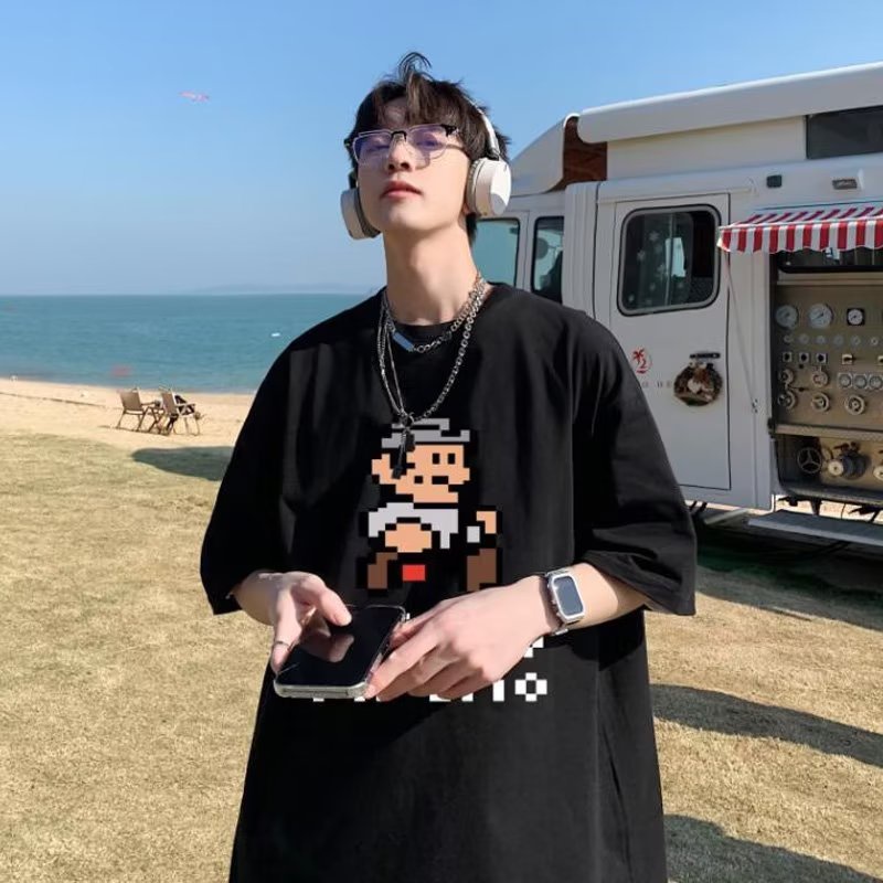 Áo Thun Tay Ngắn Dáng Rộng In Họa Tiết Hoạt Hình Phong Cách Hàn Quốc Thời Trang Mùa Hè Cho Nam M-8XL