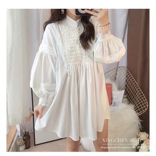 (HÀNG ORDER) Áo sơ mi trắng dáng dài tay phồng cổ ren đính nút ngọc siu xinh (có hình thật)