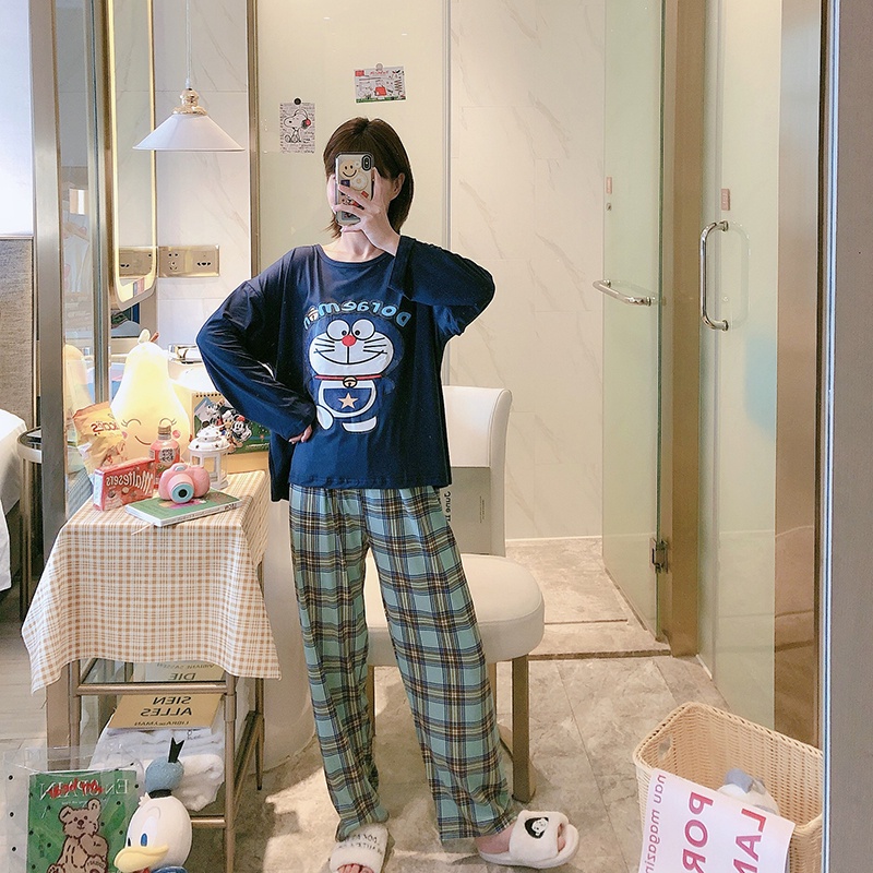 IELGY    Bộ Đồ Ngủ Tay Dài Dáng Rộng In Họa Tiết Hoạt Hình Dễ Thương Phong Cách Hàn Quốc Cho Nữ