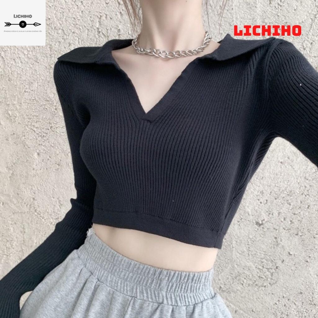 Áo croptop nữ cổ tim nơ lưng tay dài CT11 LICHIHO áo thun nữ quyến rủ | BigBuy360 - bigbuy360.vn