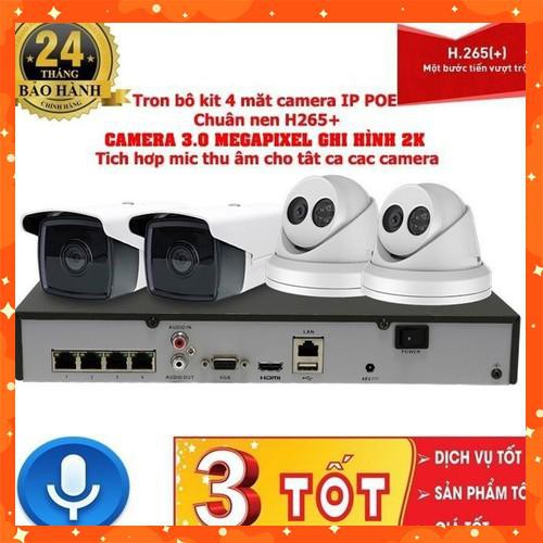 {Giá Hủy Diệt}Trọn bộ 4 Camera IP POE 3MP ghi hình 2K có míc và đầu ghi hình IP công nghệ POE chuẩn nén H265+ HDD 500G