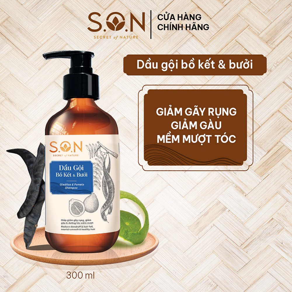 Dầu gội bồ kết & bưởi S.O.N giảm gãy rụng, giảm gàu, dưỡng mượt tóc 300ml