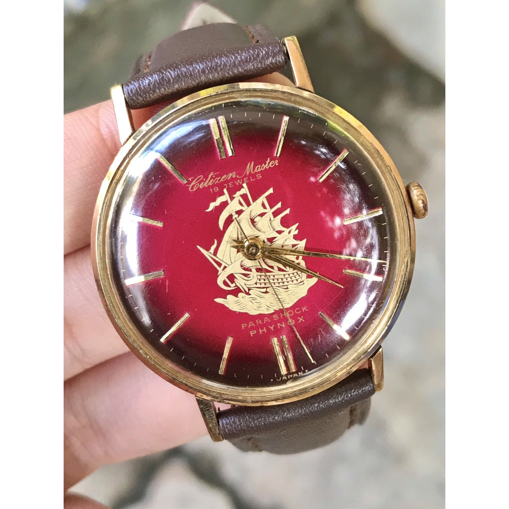 Đồng hồ cơ cổ nam Citizen Master 19 jewels, thiết kế phong thủy, kim số vàng, niềng vàng, dây da