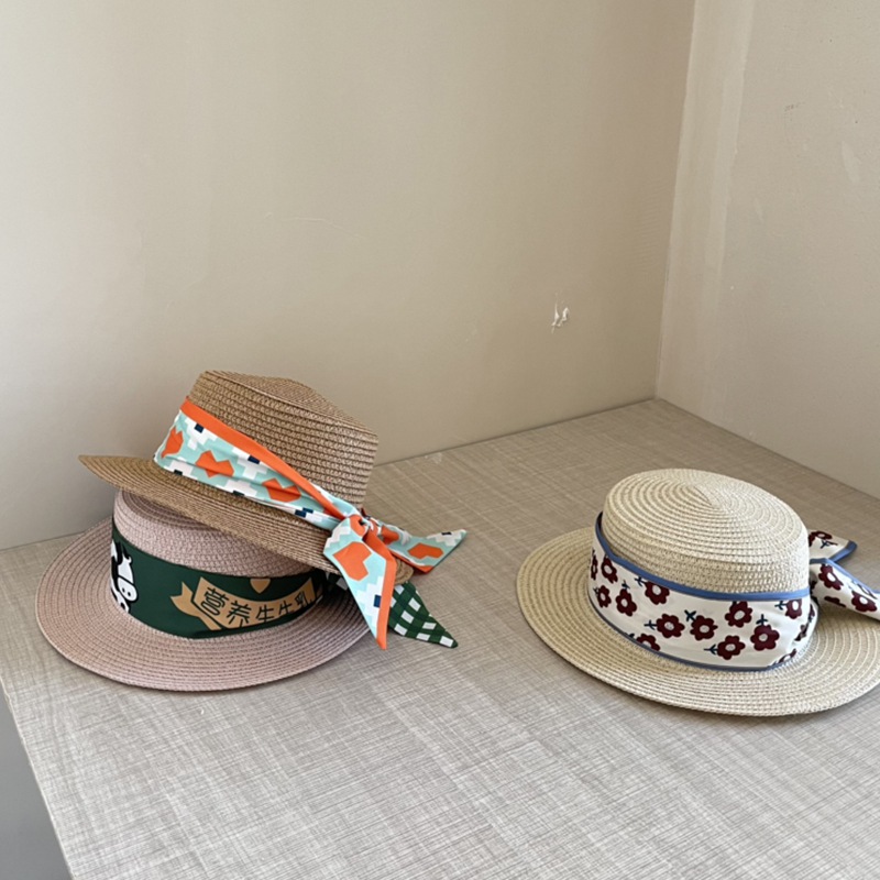Nón rơm trang trí bằng vải voan phong cách Hàn Quốc thời trang đi biển cho trẻ em