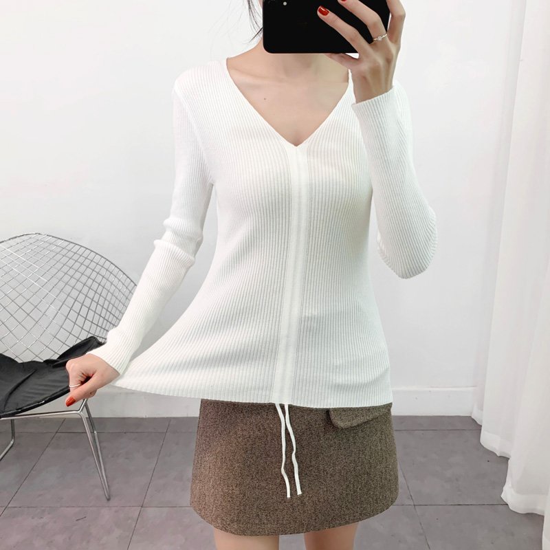Áo len nữ màu trắng dài tay cổ chữ V thiết kế dây rút  thu đông Al35