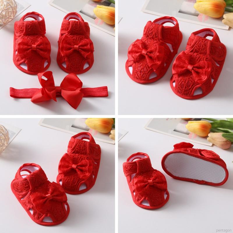 Det 2 dép sandal đế mềm chống trượt đính nơ/ băng đô đẹp mắt cho bé tập đi
