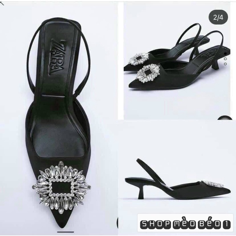 Sandal zara hoa đá mũi nhọn gót nhú fullbox