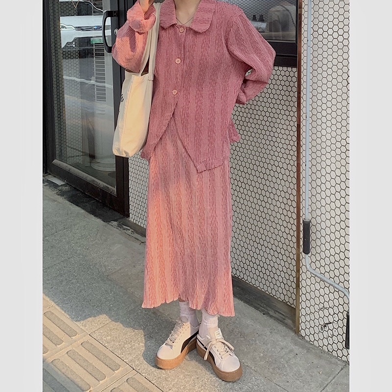 Set áo sơ mi + chân váy dài vintage phong cách hàn quốc siêu xinh