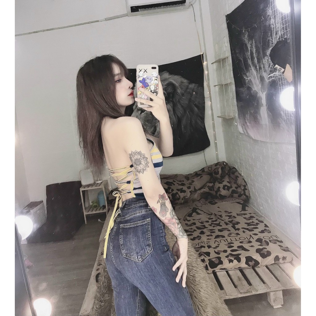 Áo kiểu yếm khoen đan dây lưng phối màu sọc kèm mút cực hot , chất thun bozip mềm mịn ( ảnh thật )