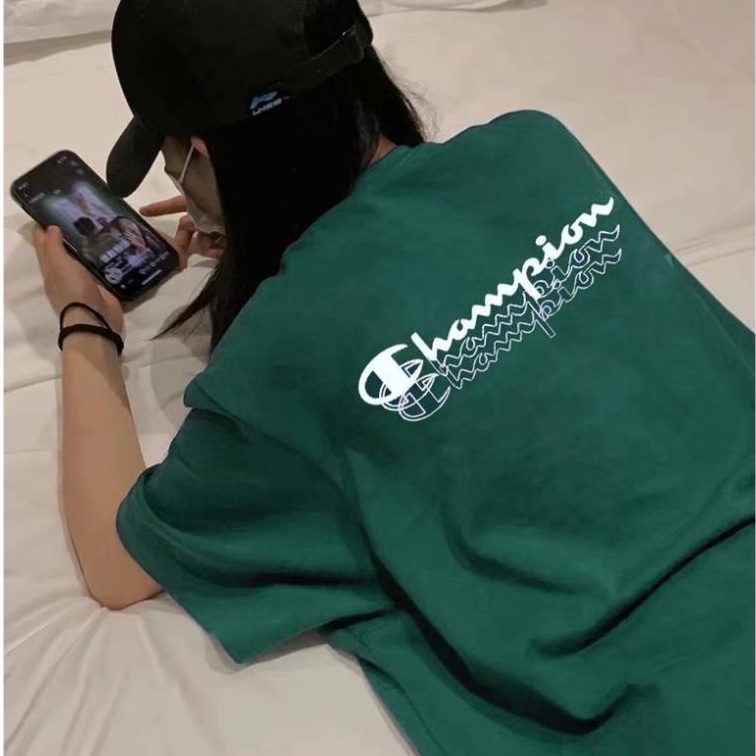 Áo thun tay lỡ MK cổ tròn phông unisex nam nữ màu xanh lá hottrend freesize cotton co giãn form rộng Champion