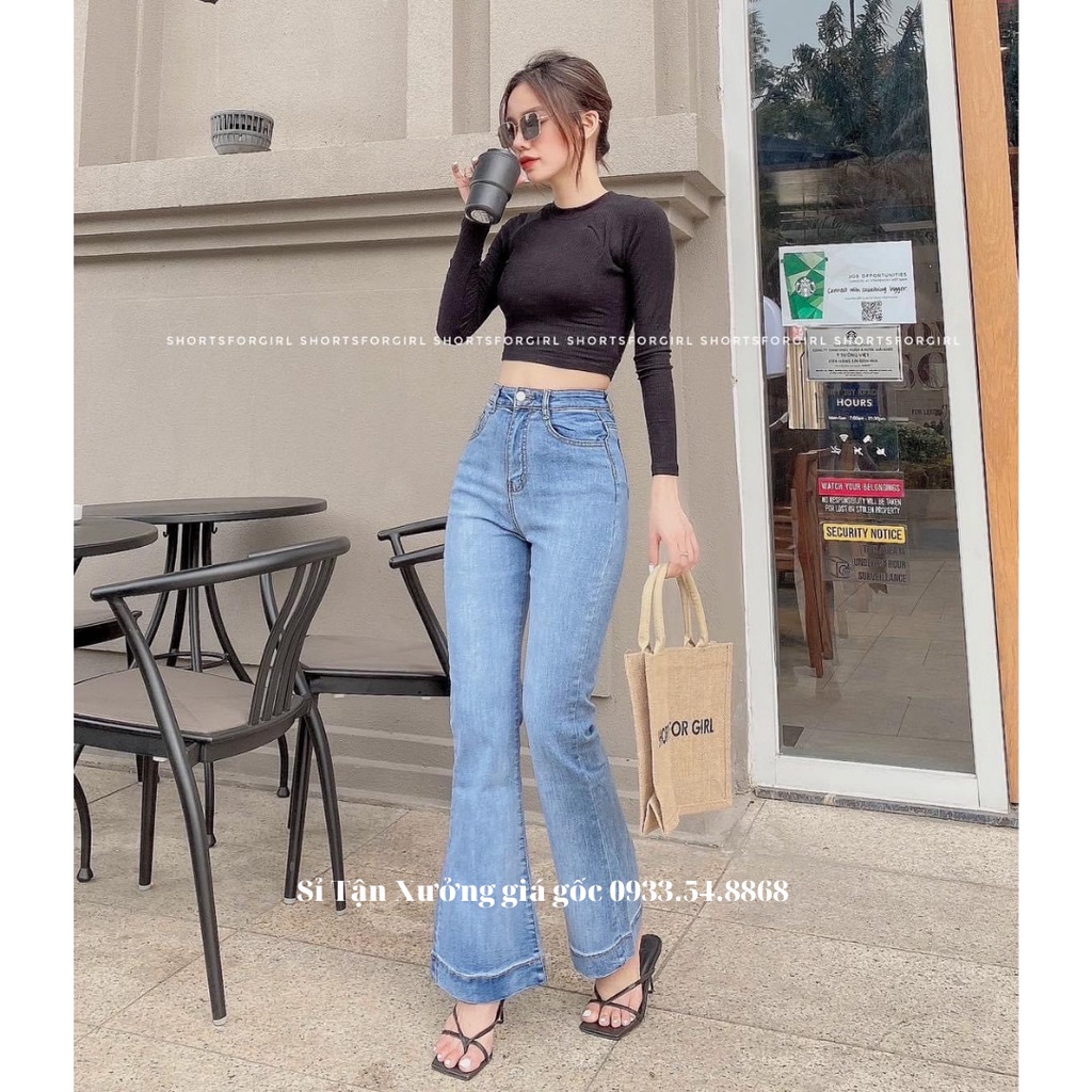 Quần jean nữ ống loe banamo fashion 2 màu sang chảnh siêu hack dáng lưng cao cá tính, quần bò loe 2 màu 464