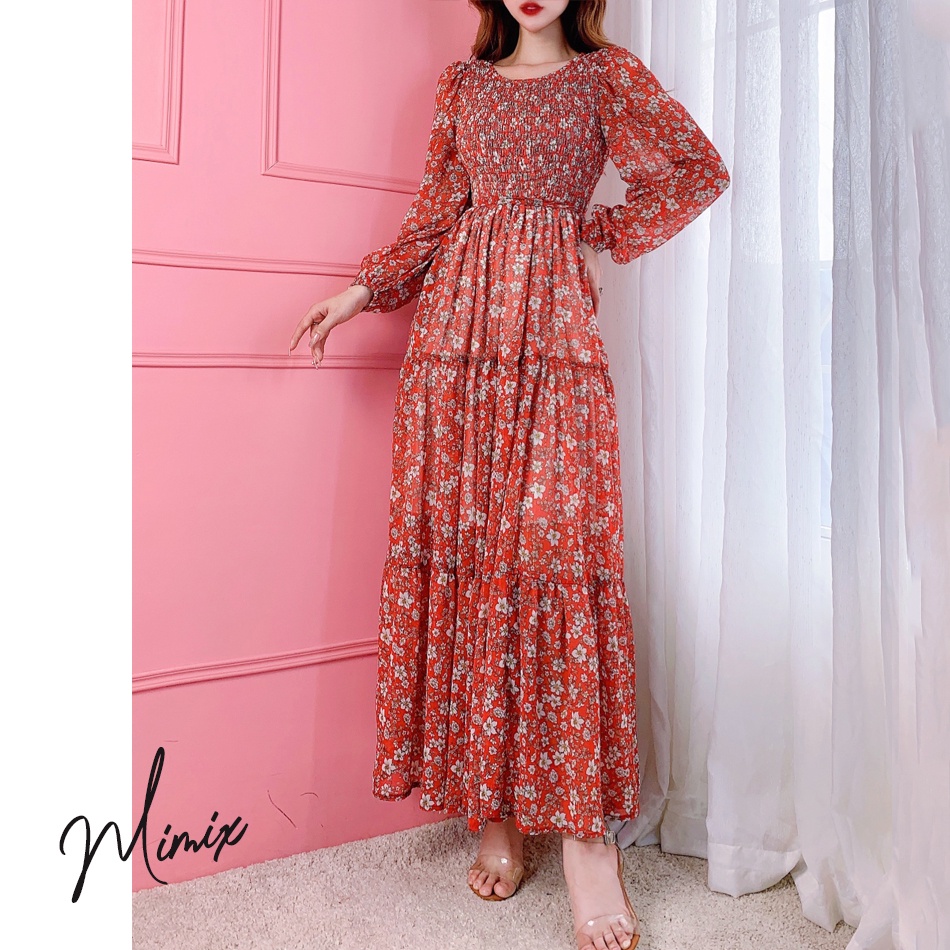 Đầm maxi tay dài bo chun họa tiết hoa hồng MIMIX BT4250 | BigBuy360 - bigbuy360.vn