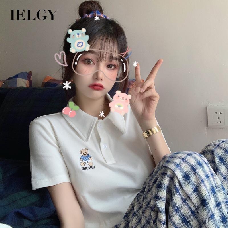 IELGY short-sleeved bear T-shirt women's summer new Korean version of the thin white short high-waisted polo collar top with navel