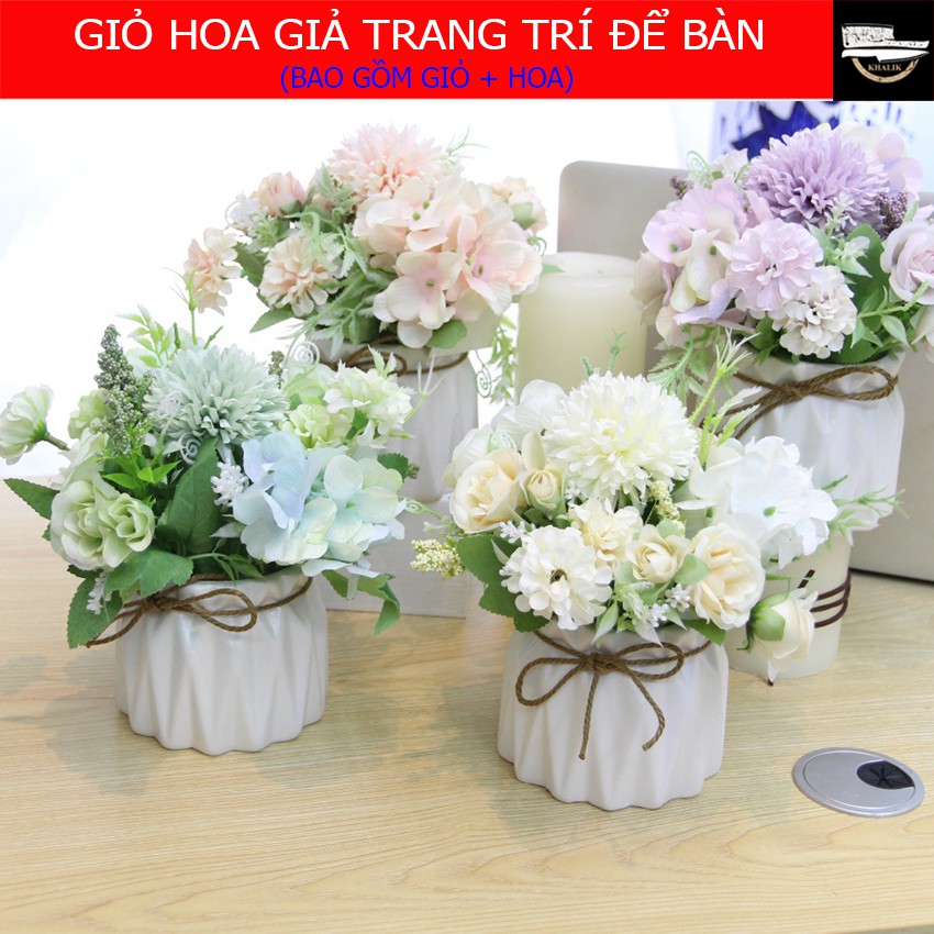 Chậu Hoa giả trang trí để bàn, hoa Macaron, chậu bằng sứ đẹp - HF004  (nhiều màu lựa chọn)