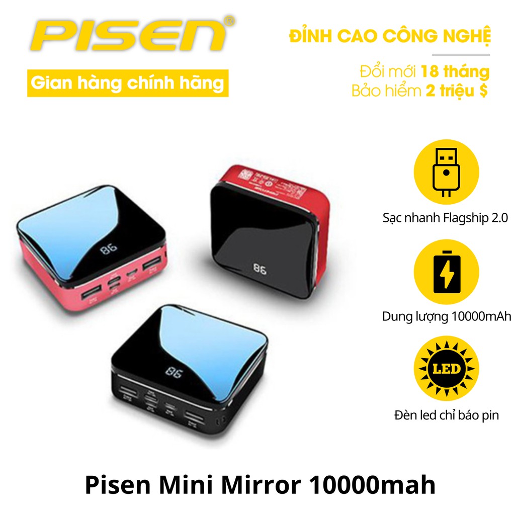 Sạc dự phòng Pisen Mini Mirror 10000mah, lắc để sạc, vật liệu hợp kim và kính cường lực, nhỏ gọn, bảo hành 24 tháng