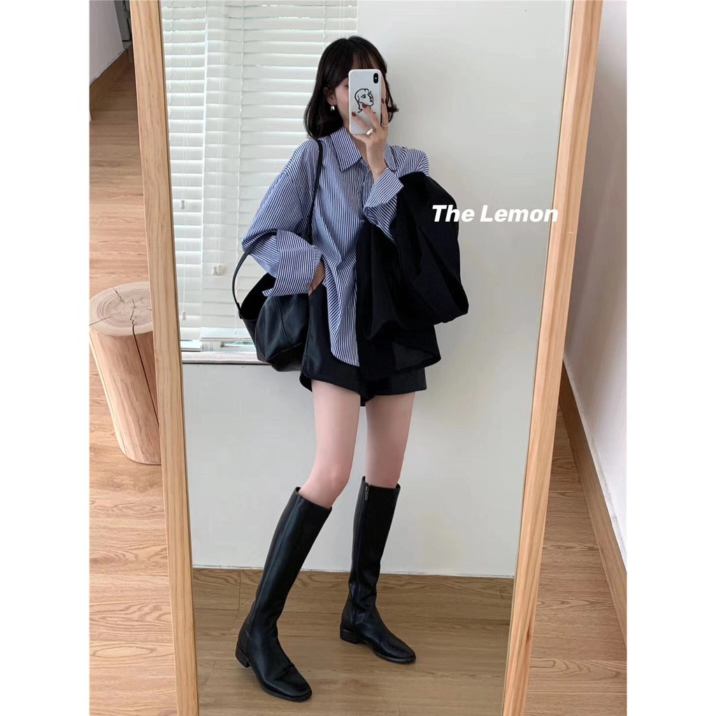 Áo sơ mi dáng rộng kẻ sọc thiết kế đơn giản cá tính