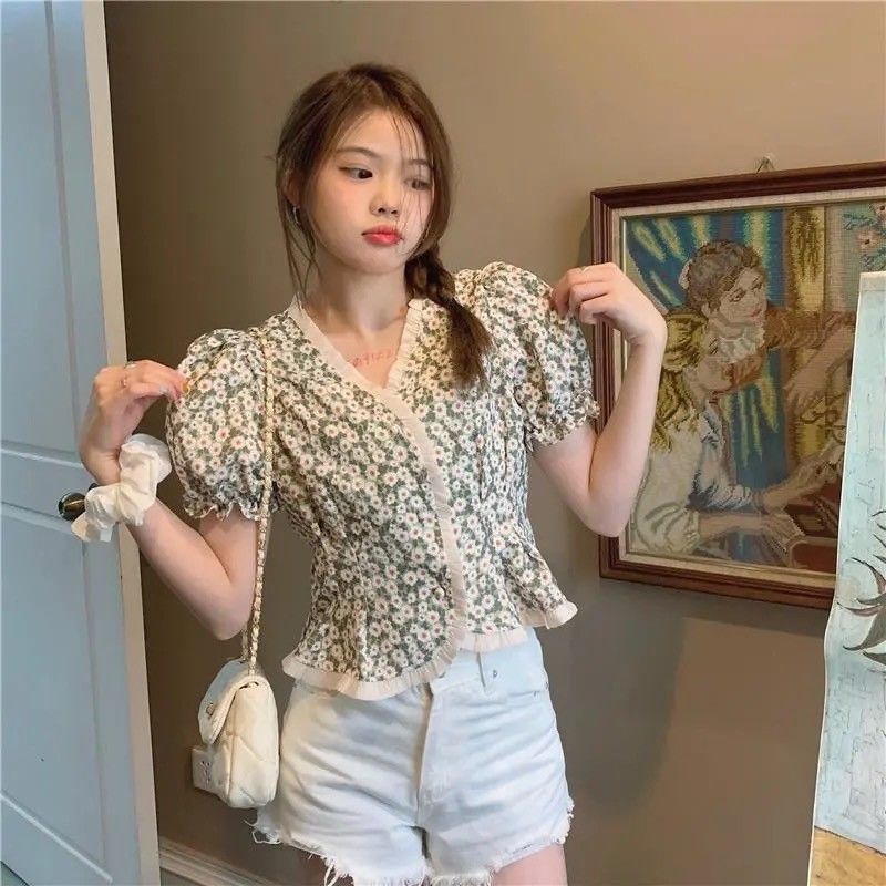 Áo sơ mi COZOKC vải voan tay ngắn in hoa thời trang