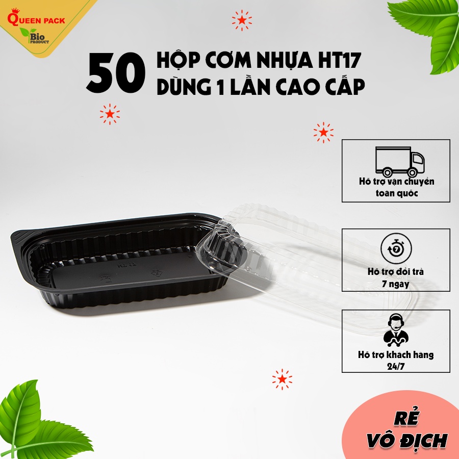 Sỉ 50 Cái Hộp Cơm Nhựa 1 Ngăn Đen Mã HT17 Kèm nắp PET Trong  dùng cho cơm văn phòng, quán ăn, nhà hàng