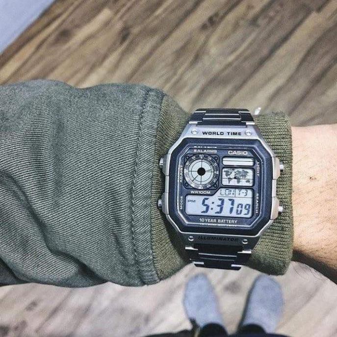 Đồng hồ nam casio AE 1200-WHD full box hiện thị điện tử máy Nhật chống nước siêu đẹp