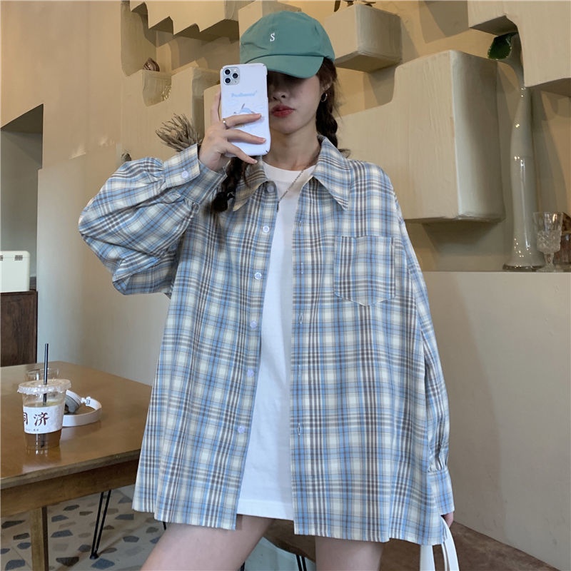 Áo Sơ Mi Caro Tay Dài Dáng Rộng Phong Cách Hàn Quốc Cho Nữ
