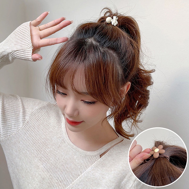 Dây buộc tóc trang trí chú gấu và hoa màu cà phê sữa xinh xắn dễ thương